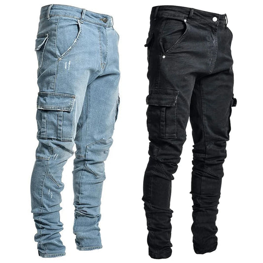 Men's Elastic Denim Cargo Pants – Slim Fit, Multi-Pocket, Washed Solid Colors, Casual Mid-Waist Joggers.