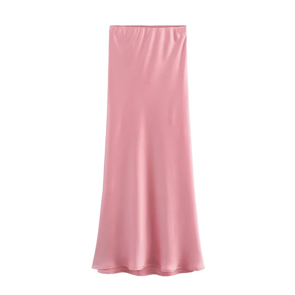 Women's Flowing Satin Midi Skirt – High Waist, Elastic Band, Chic Fashion