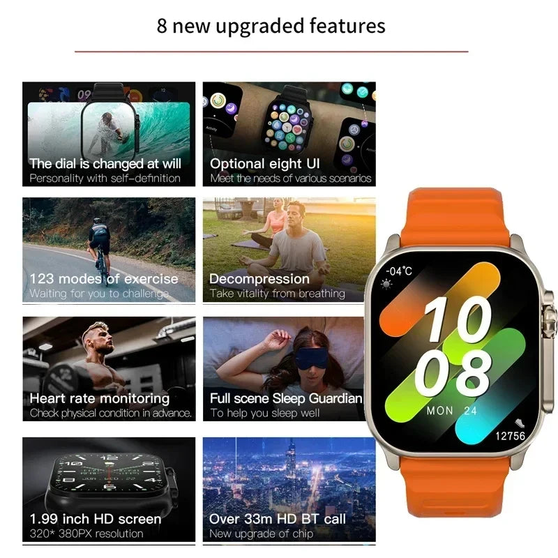 LAXASFIT T900Ultra Smartwatch: Bluetooth, Alerts, Heart Rate, Sports, for Android/iOS.