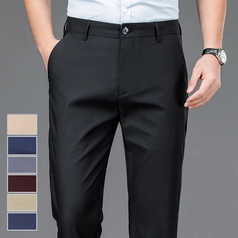 Men's Stretch Pants: Solid black, smart casual, quick-dry, straight-fit for office, spring/autumn.