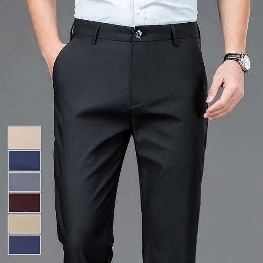 Men's Stretch Pants: Solid black, smart casual, quick-dry, straight-fit for office, spring/autumn.