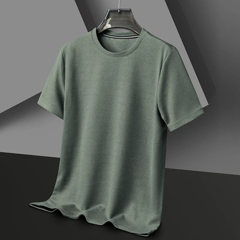 "Men's Summer Waffle Round Neck T-Shirt - Comfortable & Breathable for Casual Wear"