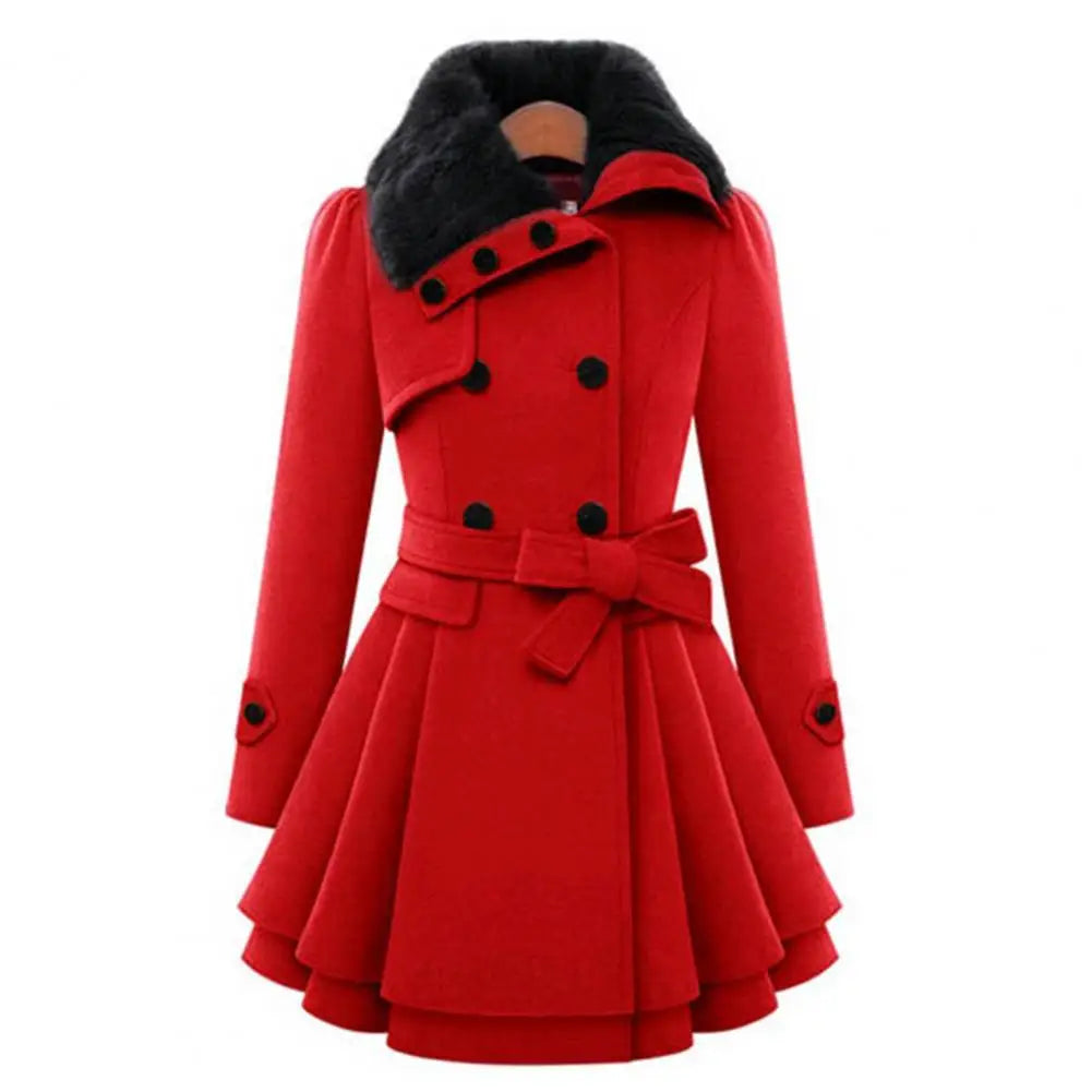 Women's Trench Coat – Thick, Midi Length, Double-Breasted, A-Line, Tight Waist, Autumn/Winter Jacket