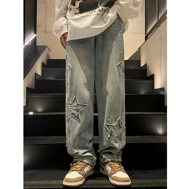 Star Embroidery Men's Jeans: Straight, wide-leg, loose hip-hop style, Gothic neutral Y2K streetwear.