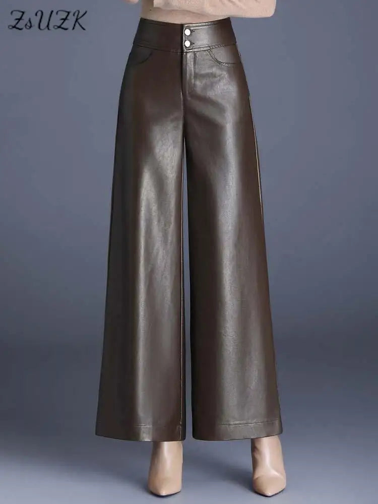 ZUZK High-Quality Women’s PU Leather Wide-Leg Pants – Autumn/Winter, Fashionable, Warm, Elegant Leather Trousers