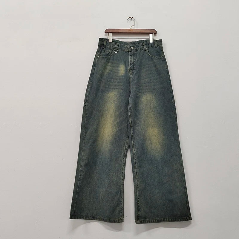 IEFB Summer Men's Denim Pants: Old blue washed, loose wide-leg, straight casual jeans, 2024 fashion.