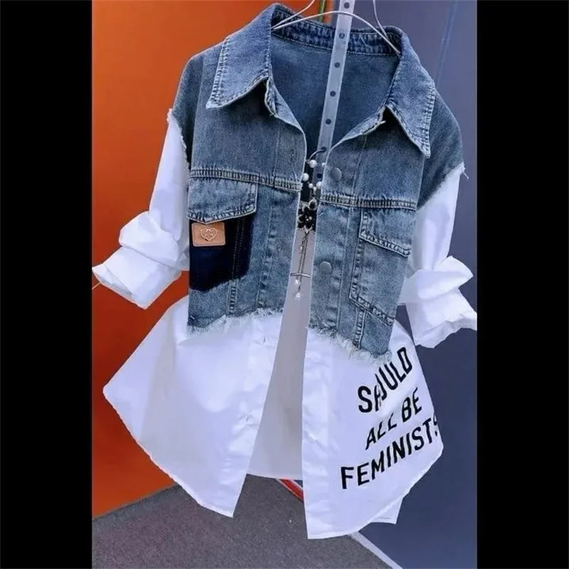 Women’s Denim Jacket – Fake Two Denim Shirts, 2024 New, Spring/Summer/Autumn, Casual Fashion, Joker Stitching Striped Coat