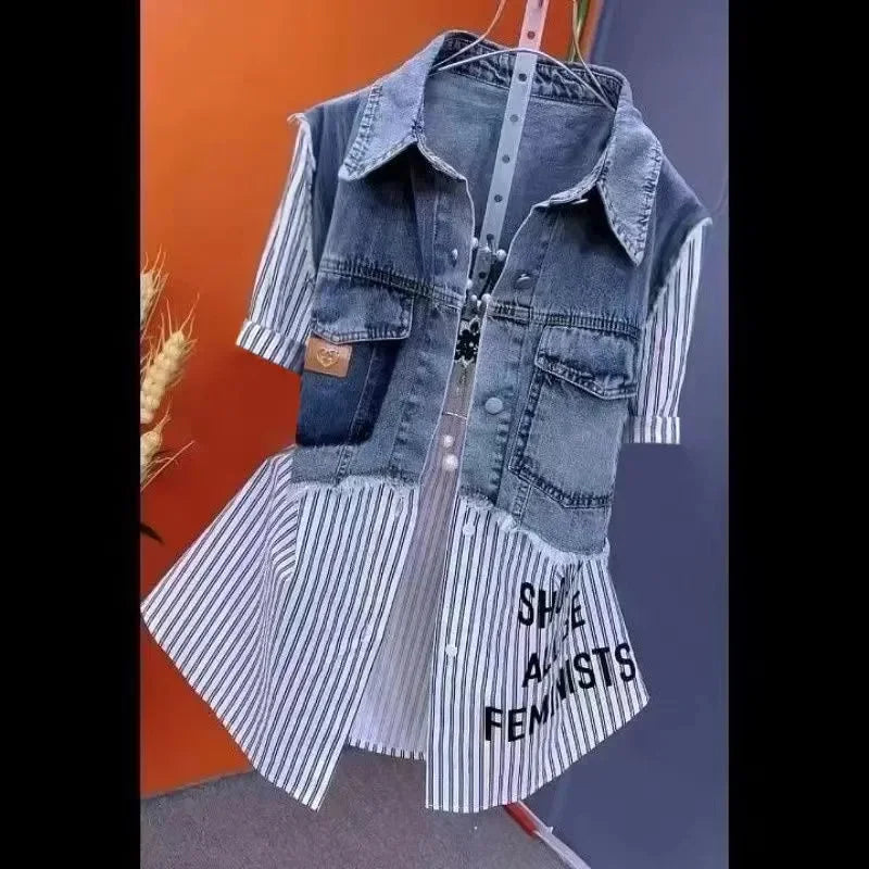 Women’s Denim Jacket – Fake Two Denim Shirts, 2024 New, Spring/Summer/Autumn, Casual Fashion, Joker Stitching Striped Coat