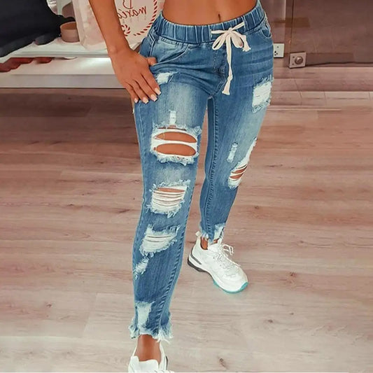 2024 Stretchy Ripped Hole Jeans – High Waist, Straight Denim Trousers, Casual All-Match, Women’s Streetwear