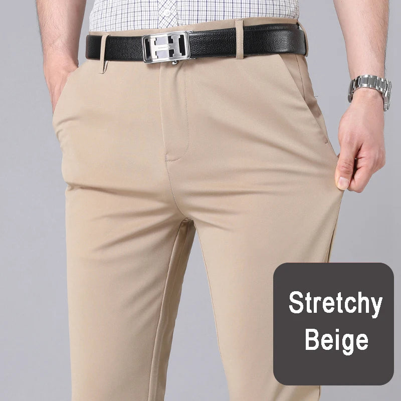 Men's Stretch Pants: Solid black, smart casual, quick-dry, straight-fit for office, spring/autumn.