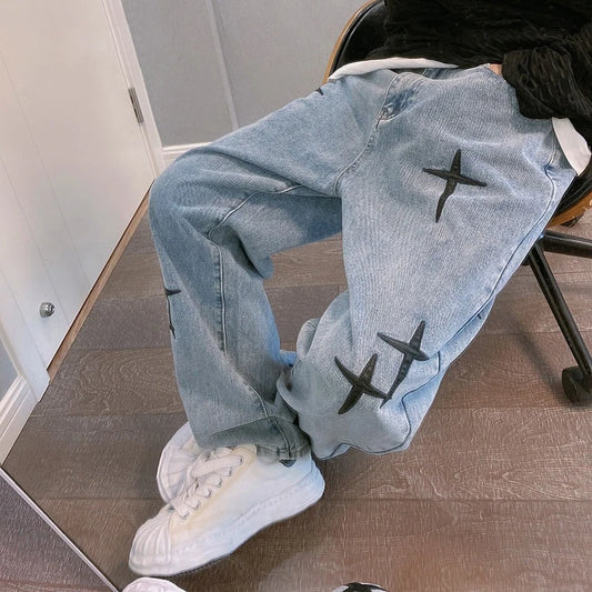 2023 Men's Print Jeans: Streetwear baggy, wide-leg, Korean fashion, loose denim cargo pants.