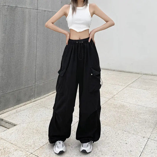 Back to School Women's New American Hip-Hop Wide-Leg Large Pockets Drawstring Work Pants High Street Casual Sports Pants