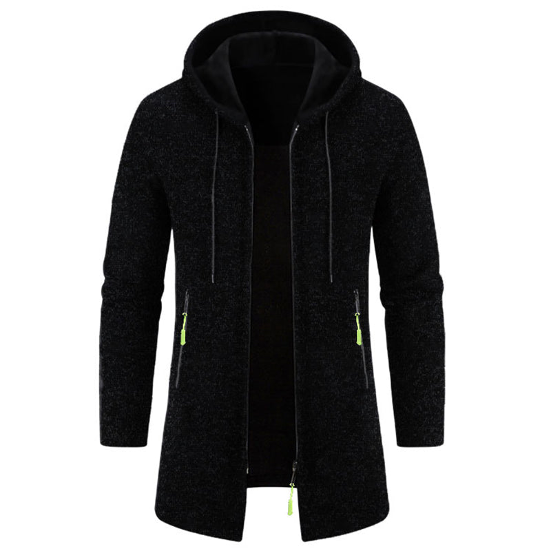 Men's Oversized Hoodie: Long sleeve, zipper, hooded sweatshirt, black winter coat.