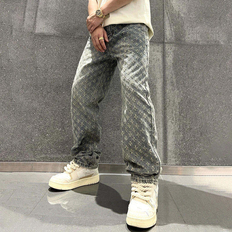 Men's Jacquard Denim Pants: Straight-fit, baggy, distressed wide jeans with intricate pattern.