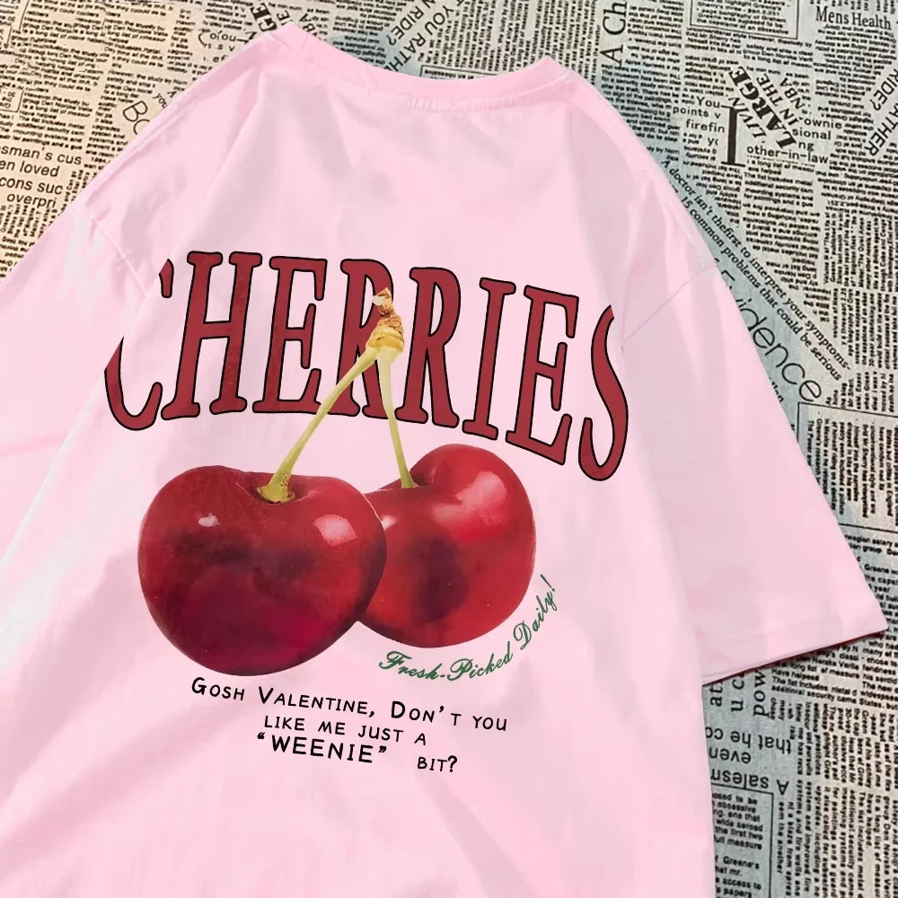 Fashion Cotton Women'S T-Shirts Hand Picked Cherries Printing Tops Oversize Crewneck Soft Short Sleeve Street Female Clothes