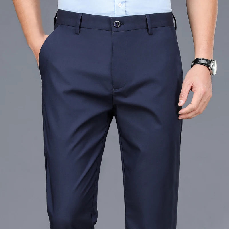 Men's Stretch Pants: Solid black, smart casual, quick-dry, straight-fit for office, spring/autumn.