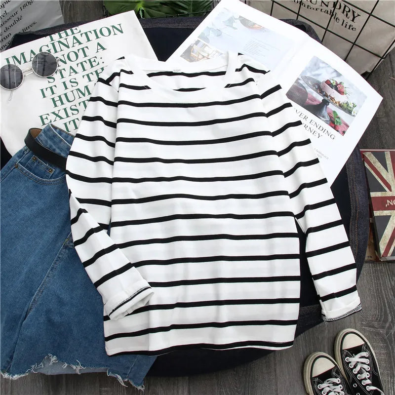 Black Striped Top – Spring/Autumn, Long Sleeve, Foreign Style, Women’s T-shirt