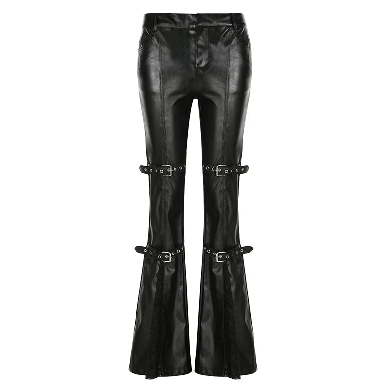 SUCHCUTE PU Leather Flare Pants – Goth, Buckle Lace, Y2K Vintage Streetwear