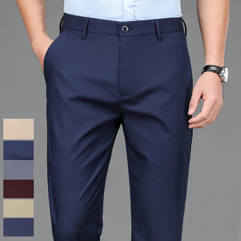 Men's Stretch Pants: Solid black, smart casual, quick-dry, straight-fit for office, spring/autumn.