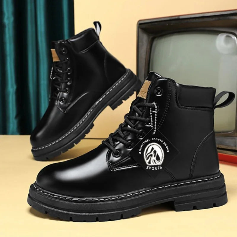 Men's High Top Leather Boots: Fashion, Motorcycle, Winter, Lace-Up Ankle Shoes.