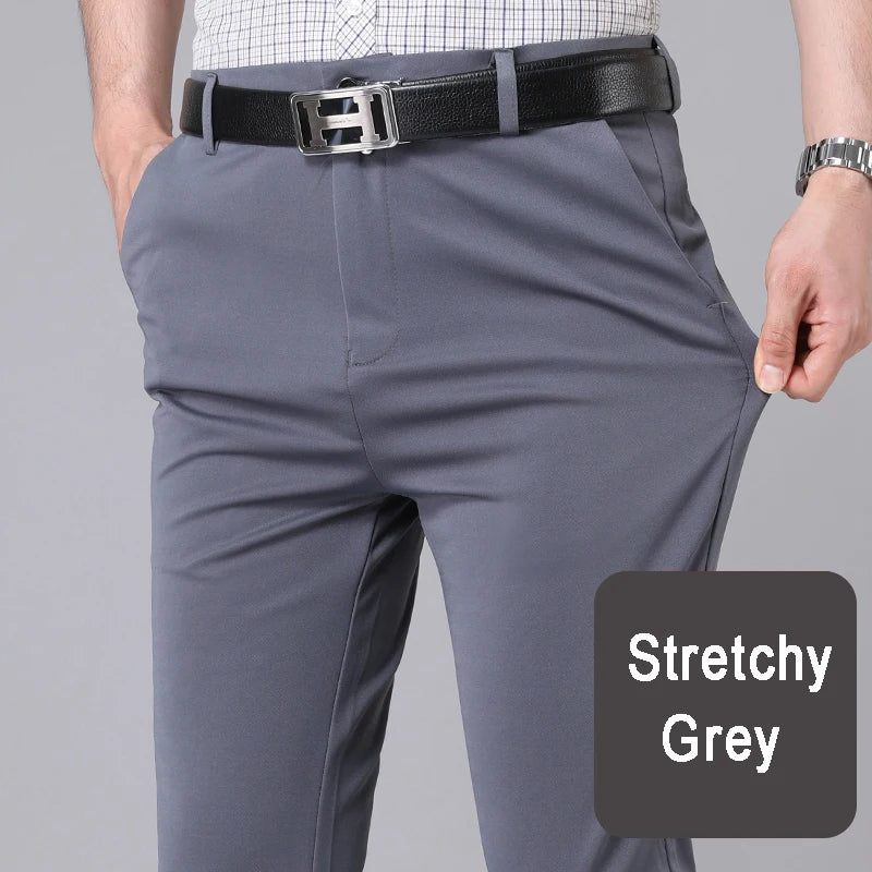 Men's Stretch Pants: Solid black, smart casual, quick-dry, straight-fit for office, spring/autumn.