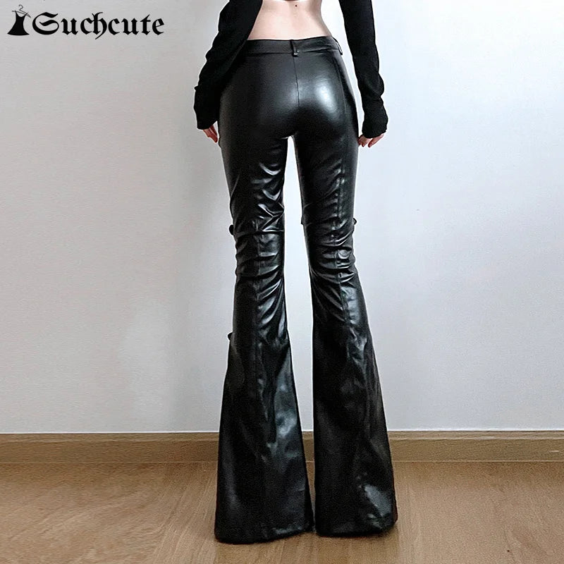 SUCHCUTE PU Leather Flare Pants – Goth, Buckle Lace, Y2K Vintage Streetwear