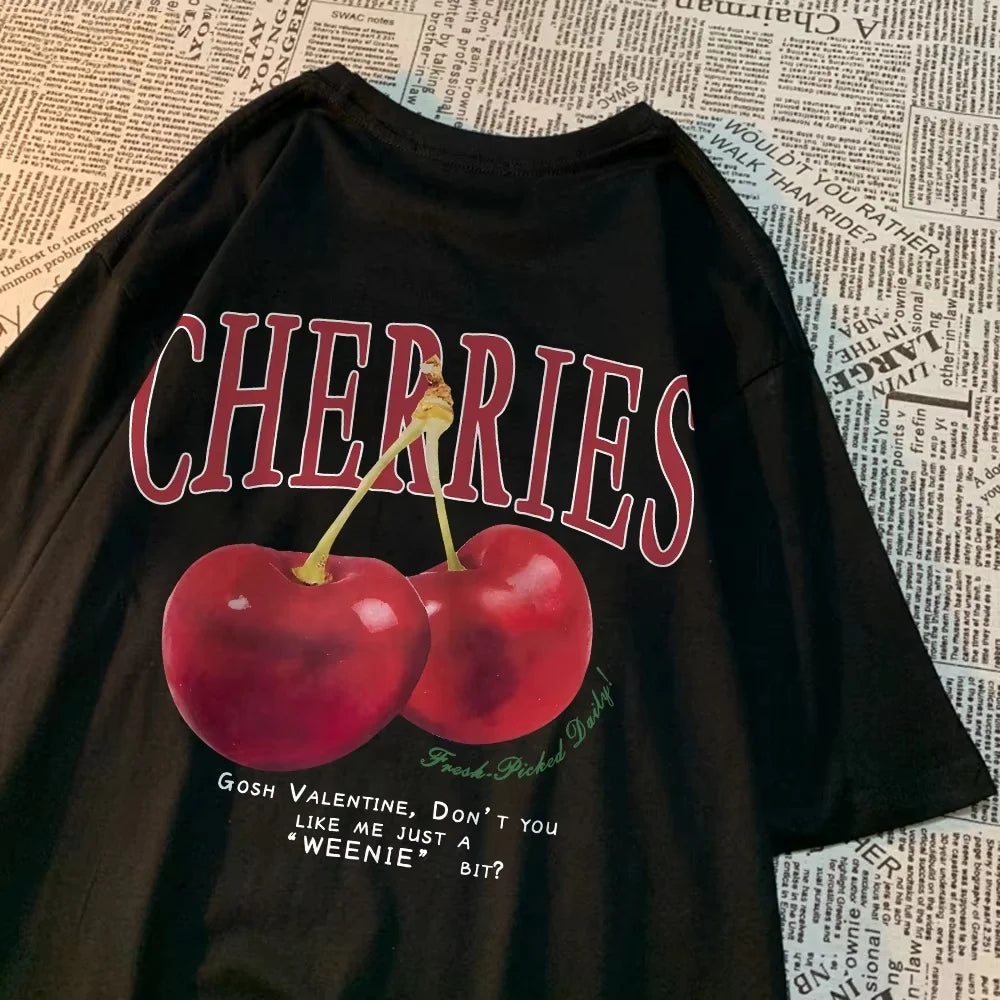 Fashion Cotton Women'S T-Shirts Hand Picked Cherries Printing Tops Oversize Crewneck Soft Short Sleeve Street Female Clothes