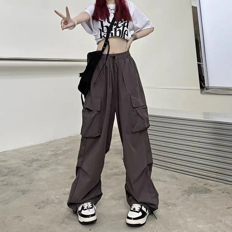 Back to School Women's New American Hip-Hop Wide-Leg Large Pockets Drawstring Work Pants High Street Casual Sports Pants